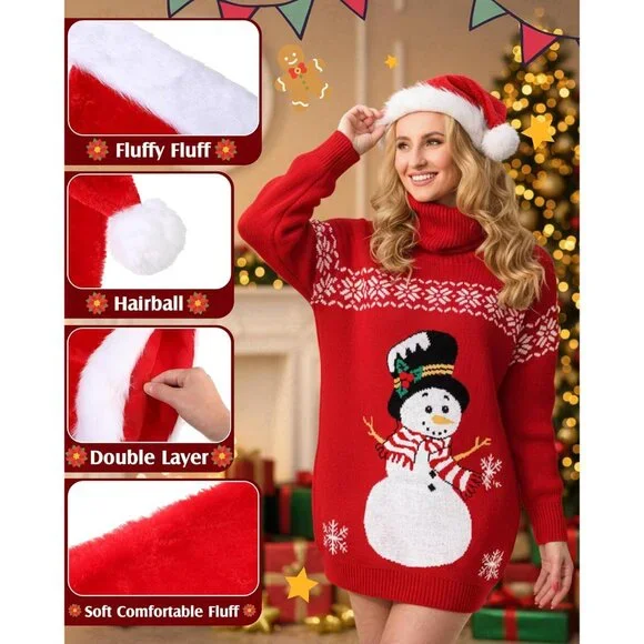 Women Christmas Ugly Sweater Dress with Santa Hat Snowman Christmas Gift Women Christmas Ugly Sweater Dress with Santa Hat Snowman Christmas Gift